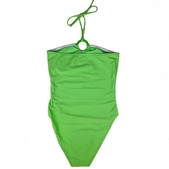 Pastel High-Leg O-Ring Halter One-Piece Swimsuit in Lime Green - Picture 8 of 11